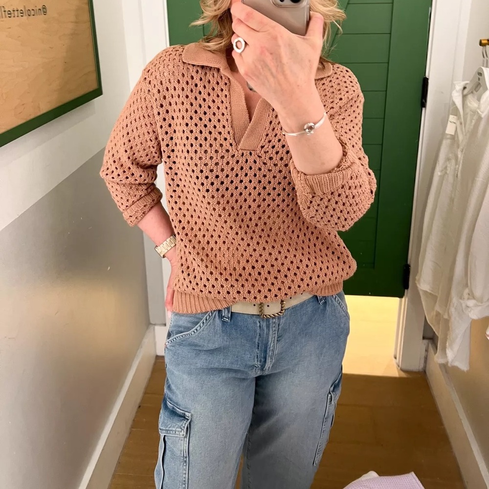 Aerie Tan Open Knit Polo Sweater Top